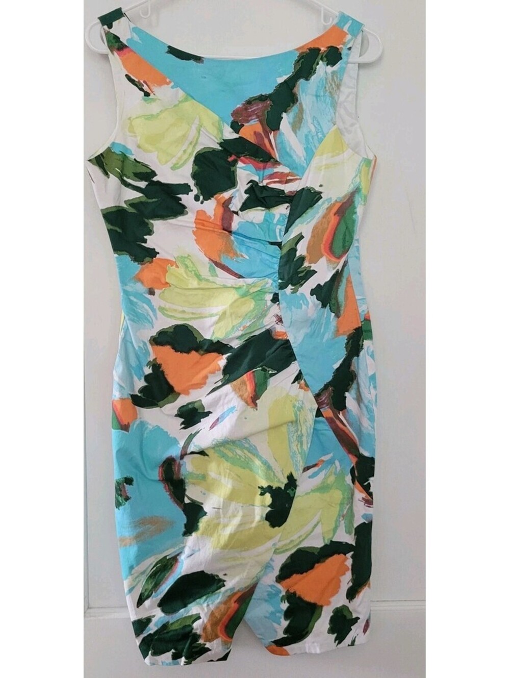 London Times Watercolor Print Ruched Wrap Dress Size 10 Sheath Sleeveless